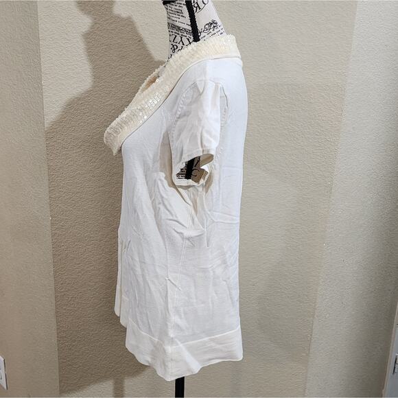 Cache Sequins cowl neck winter white soft short sleeve sweater size large - Picture 3 of 6